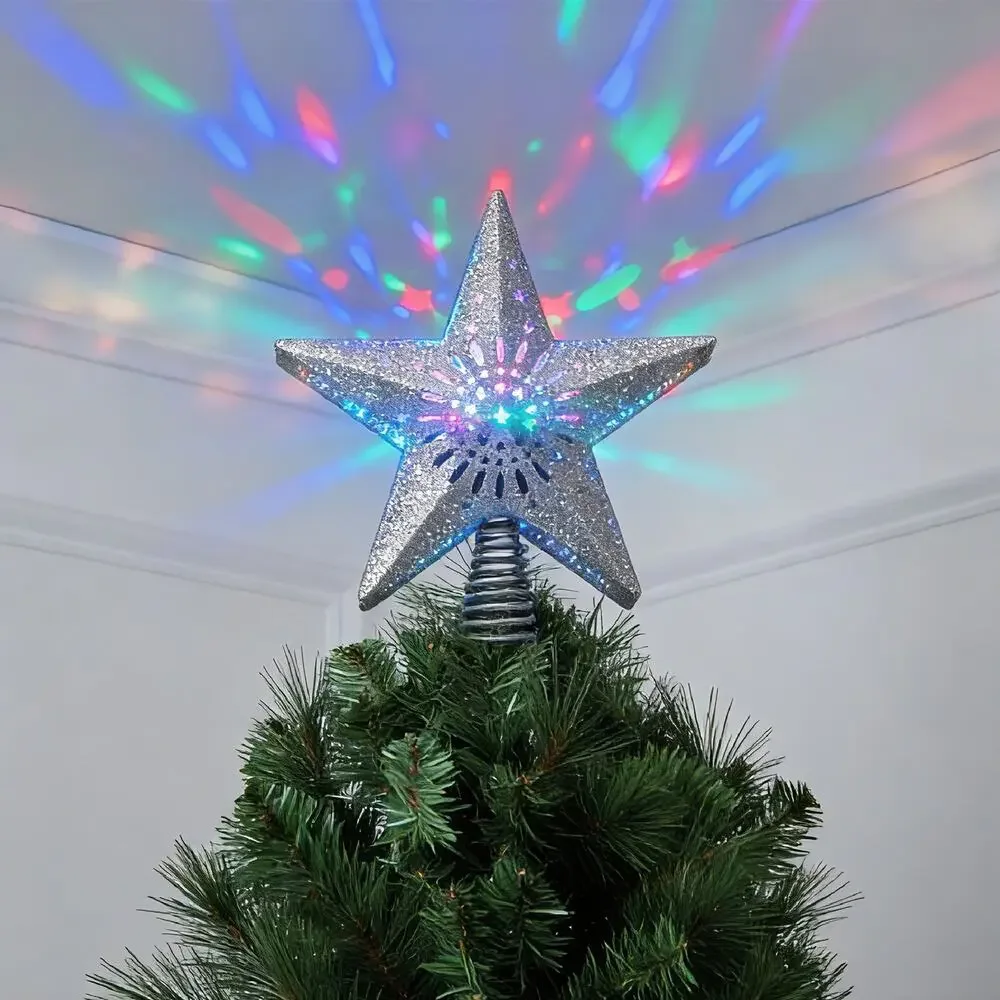 Projection LED Light Up Star Christmas Tree Topper Silver 10